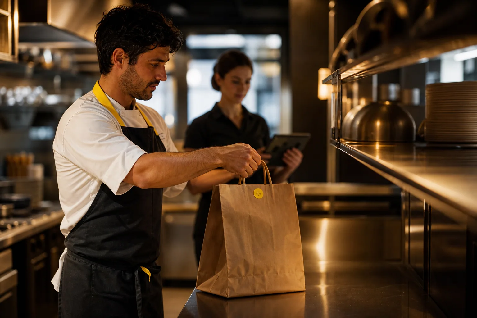 Un chef entrega una bolsa para llevar y una compañera confirma el pedido en tablet.