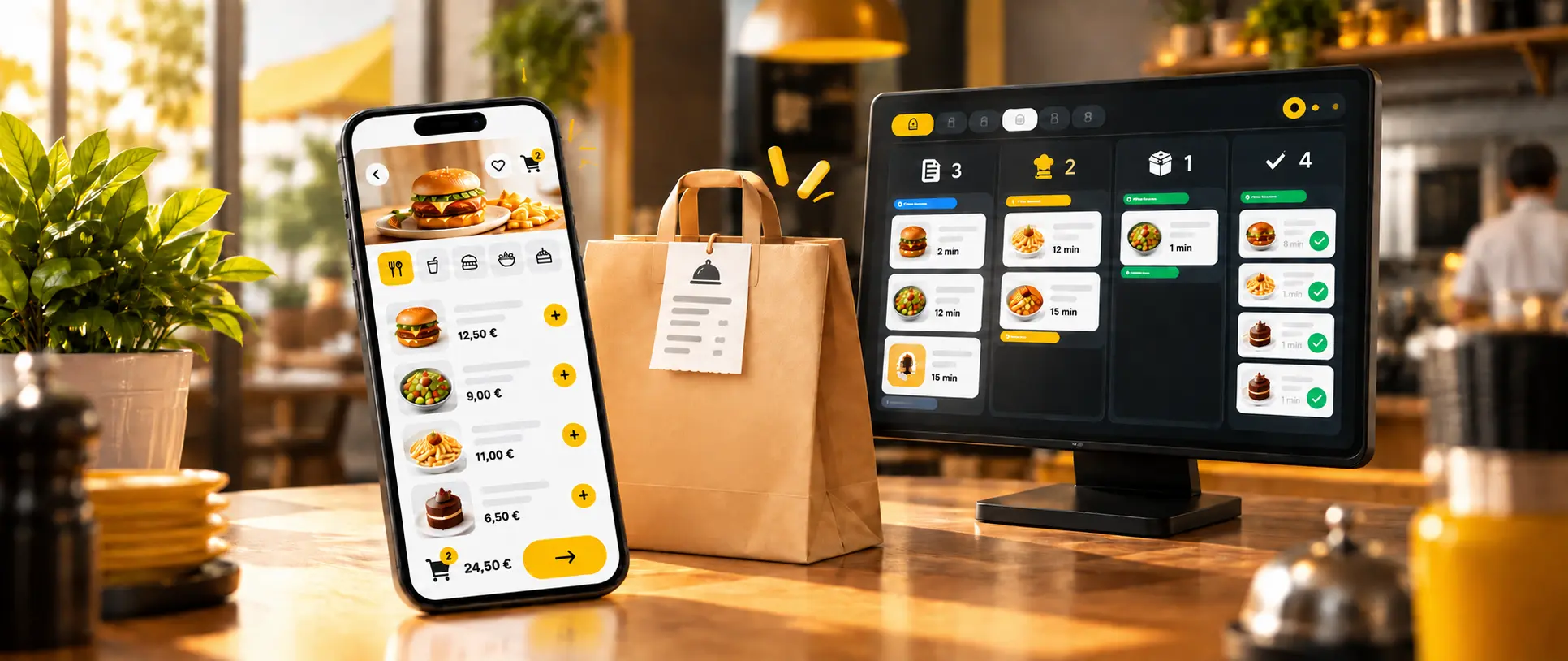 Customer collecting a takeaway order at a restaurant counter