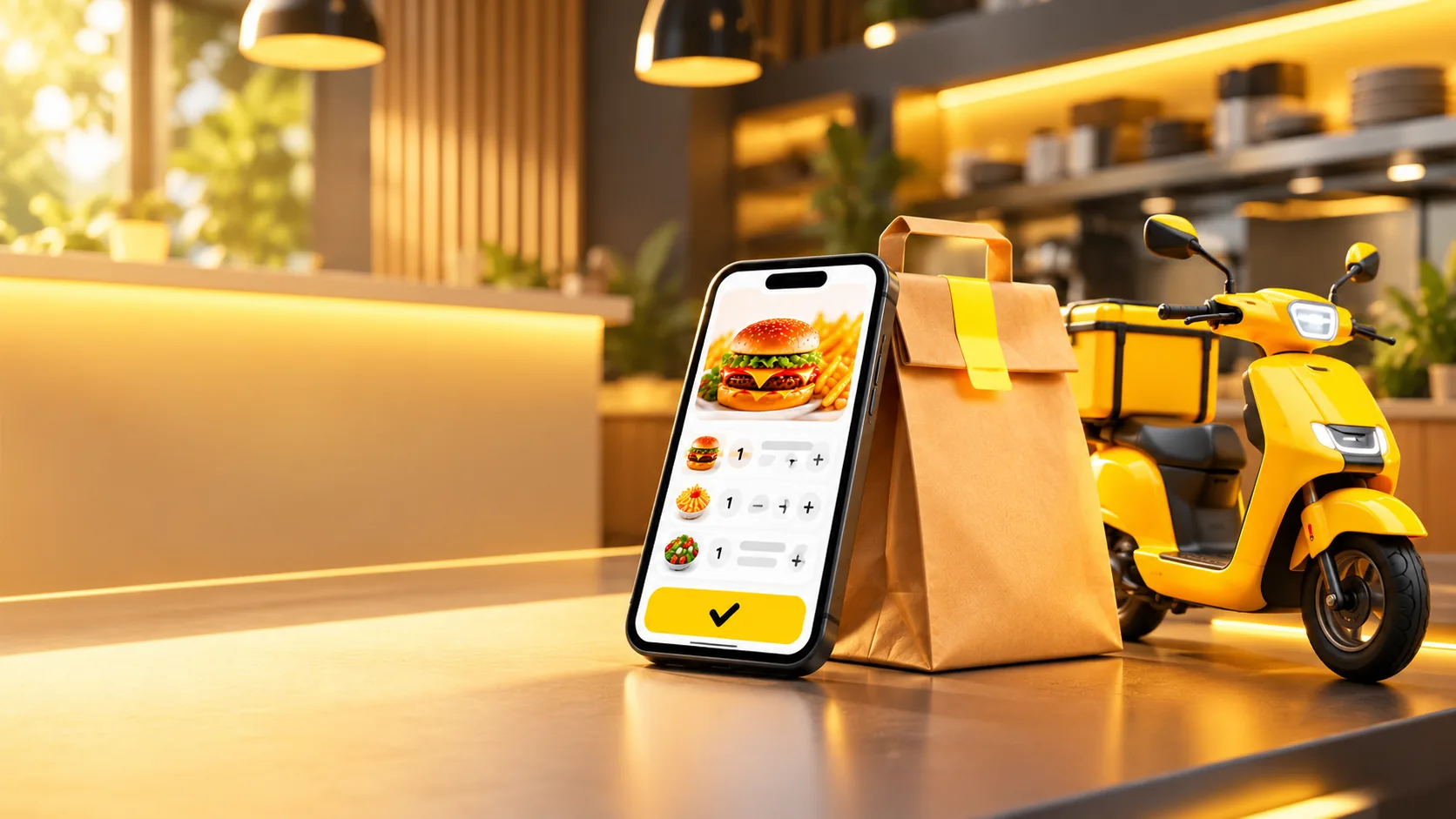 Banco di un ristorante con un ordine a domicilio sul telefono, un sacchetto e uno scooter