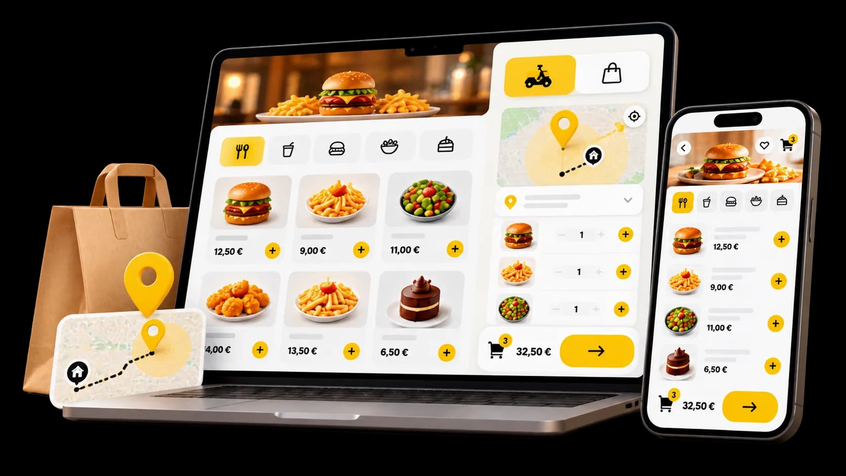 Pagina ordini a domicilio su computer e telefono, con menu e indirizzo