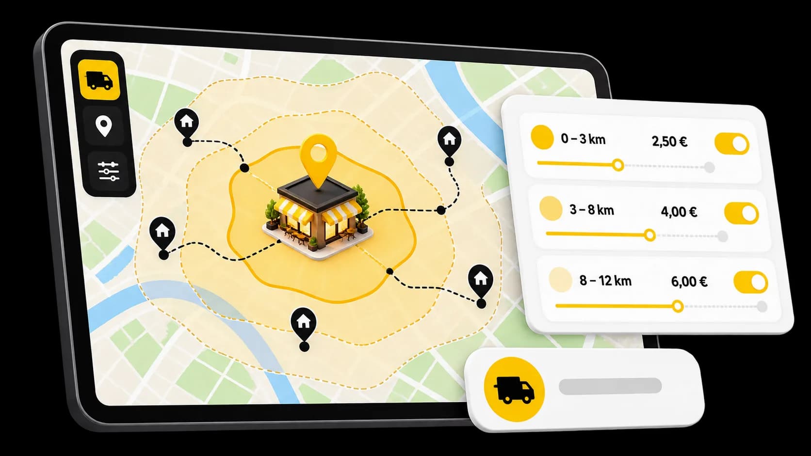 Zone di consegna di un locale sulla mappa, con una tariffa per zona