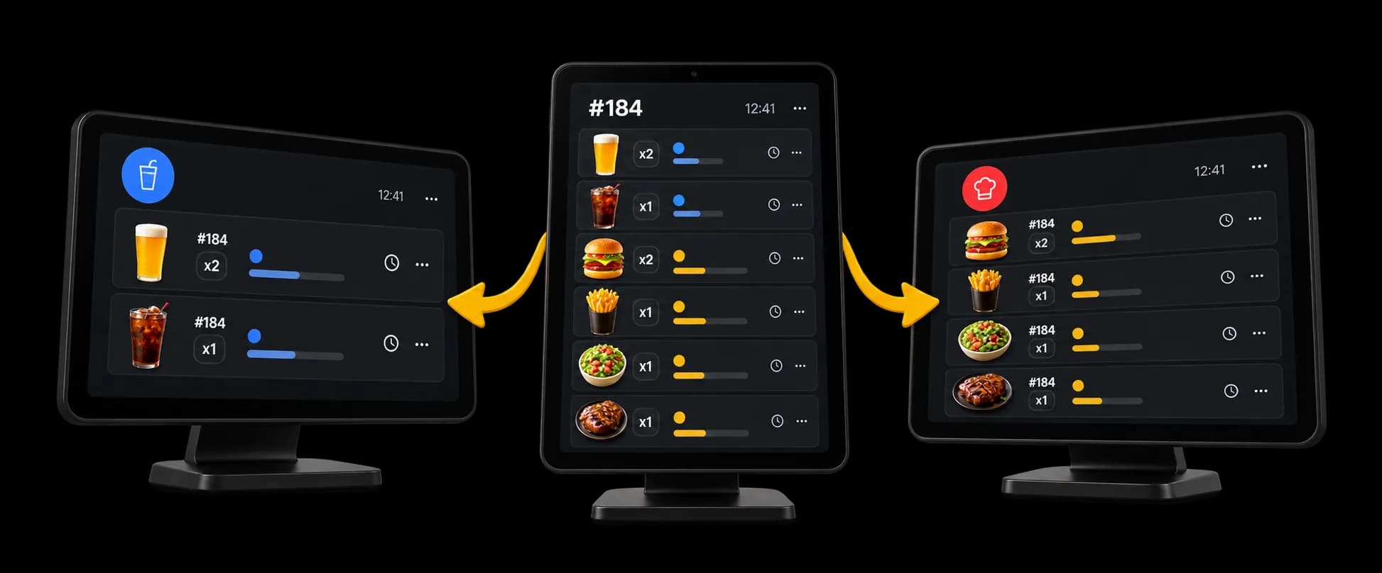 One order split: drinks on the bar screen, dishes on the kitchen screen