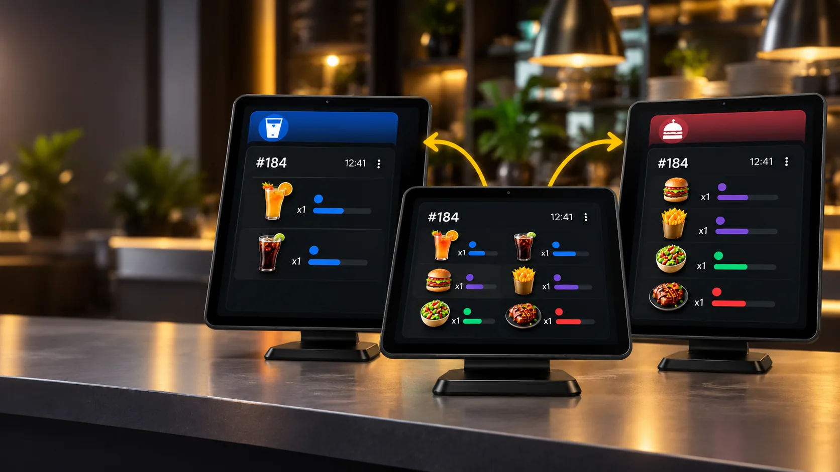 Waiterr production screens: one order split between the bar and the kitchen