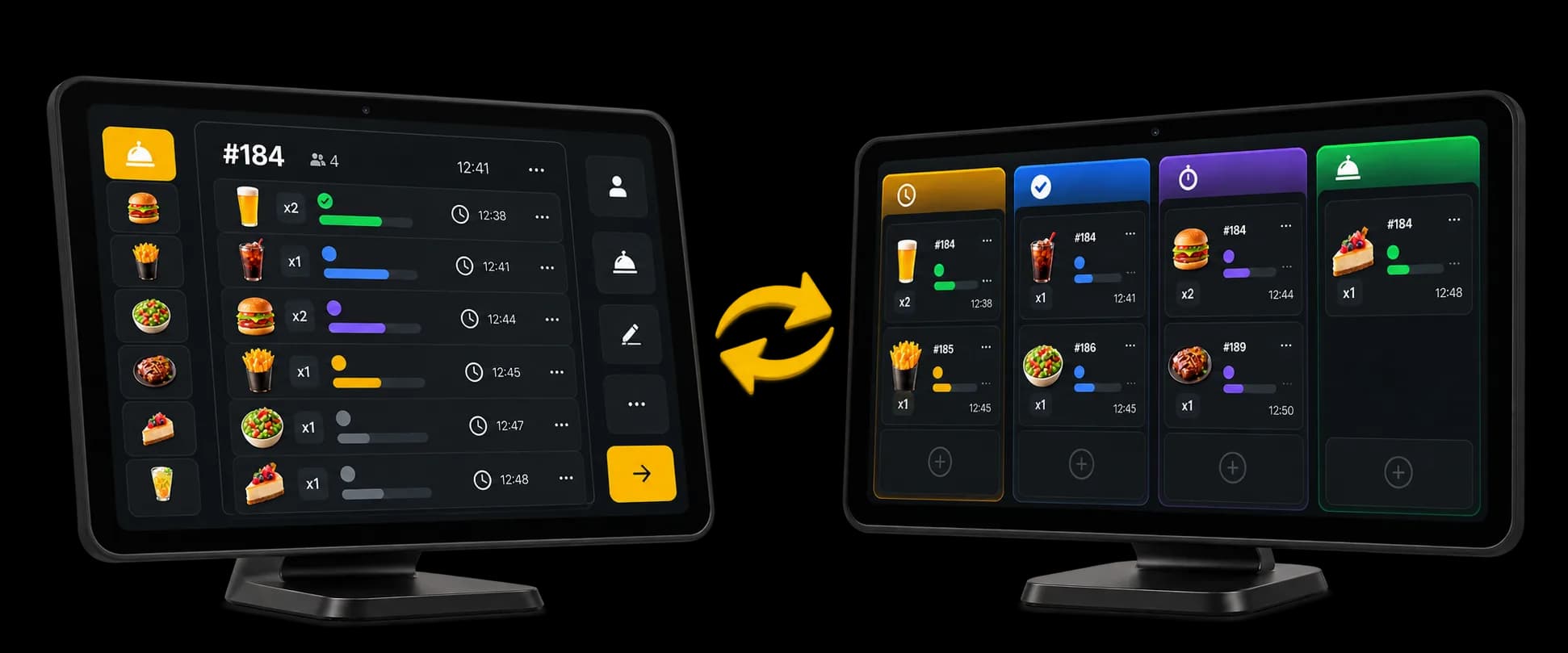 The same order on the till and on the production screen, with each product’s status