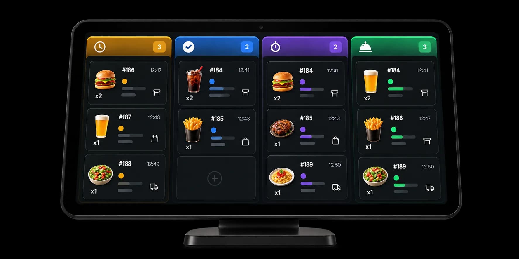 Production screen with waiting, accepted, in preparation and ready