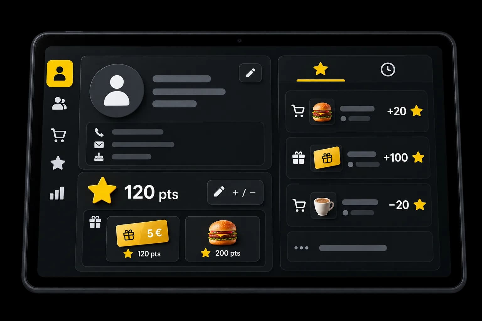 A points balance and the movement history on a customer record