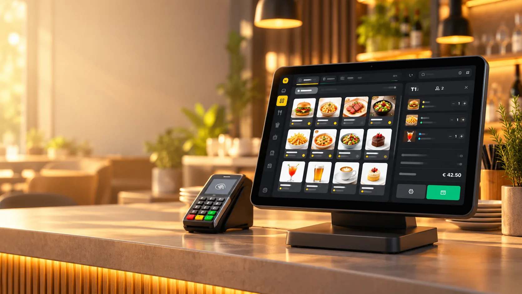 Waiterr till on a restaurant counter, with a card terminal beside the screen