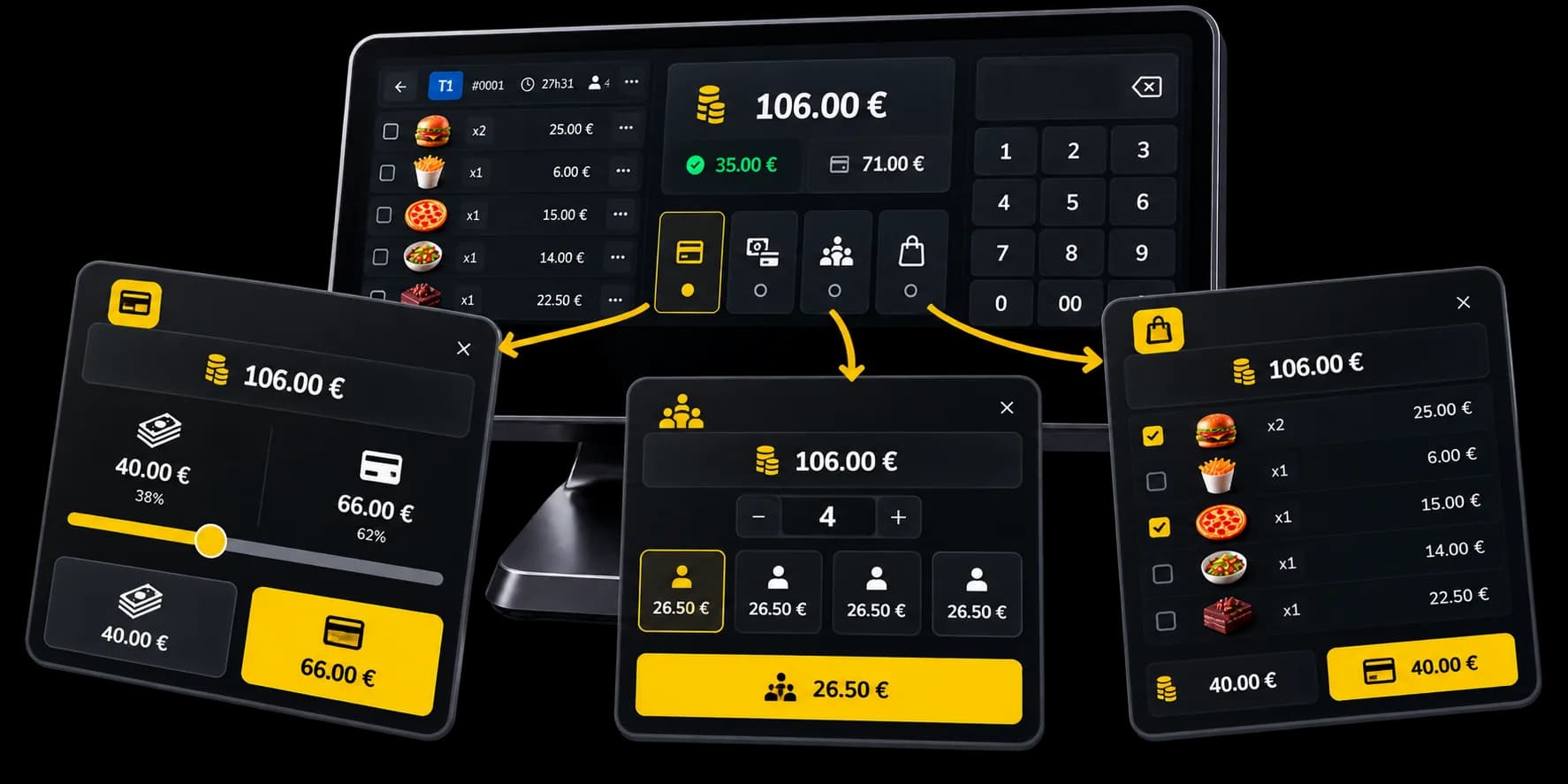 Splitting a bill: cash and card, several people, selected items