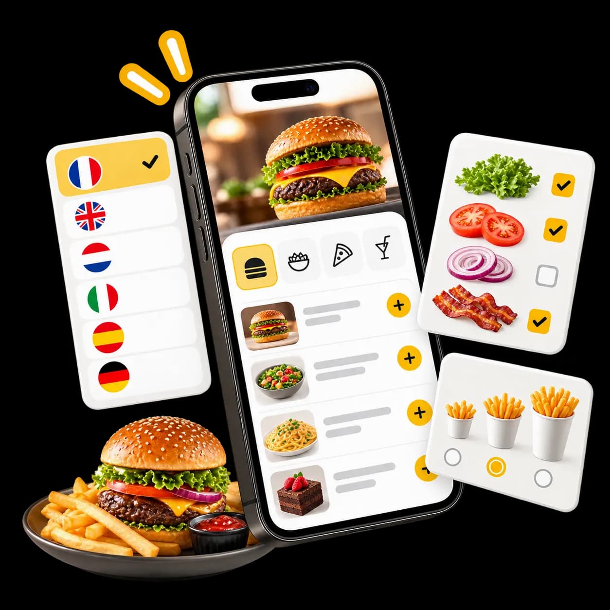 Waiterr digital menu on a smartphone, showing product photos and options