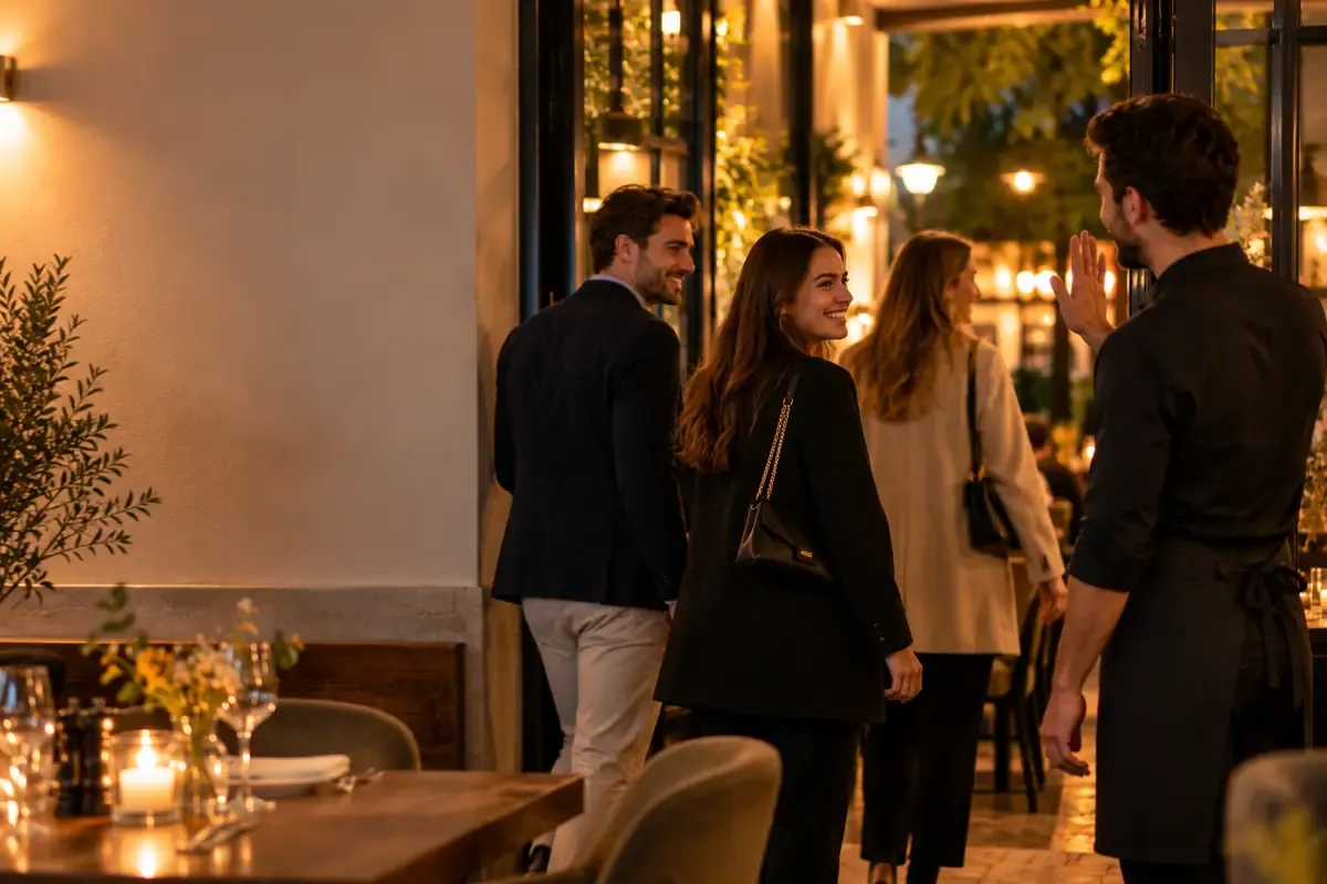 Restaurant entrance in the evening, with the page address
