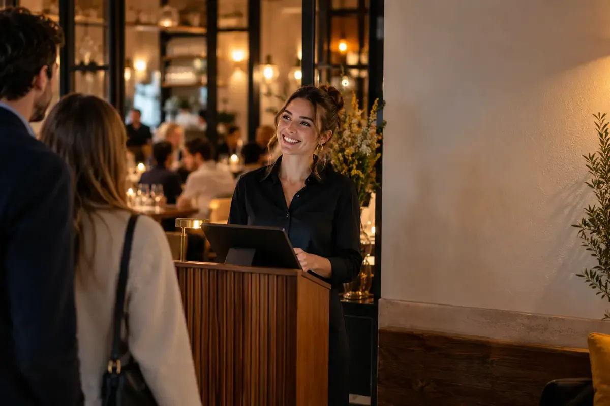 Restaurant dining room, with the venue hours and address